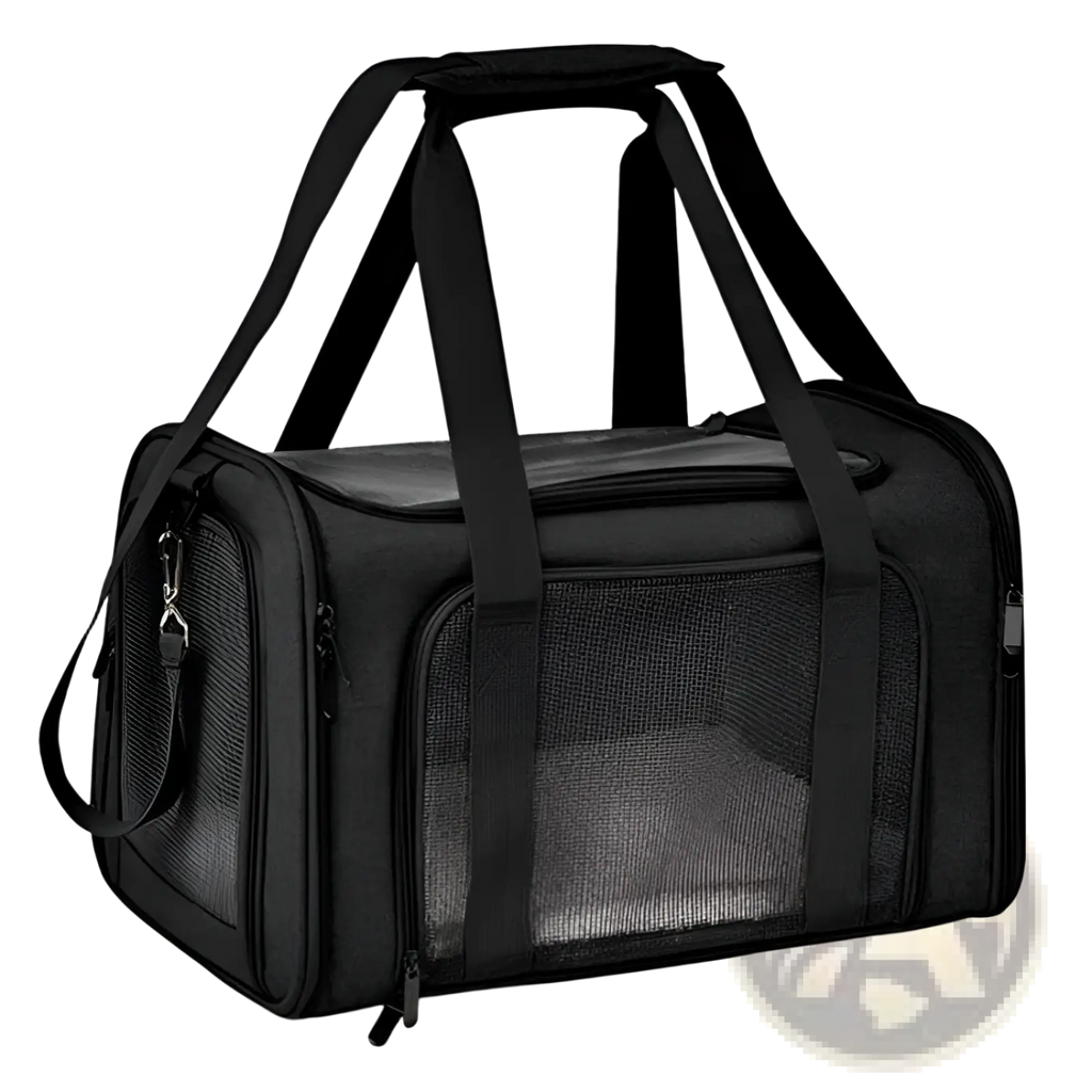 Black portable mesh pet carrier bag with fleece lining featuring mesh sides and sturdy handles for easy transport