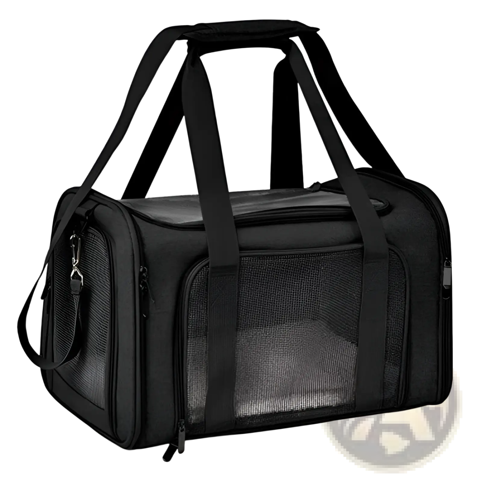 Black portable mesh pet carrier bag with fleece lining featuring mesh sides and sturdy handles for easy transport