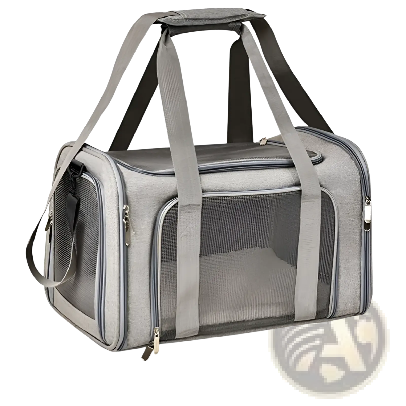 Portable mesh pet carrier bag in gray with fleece lining, mesh sides, and black handles for easy transport