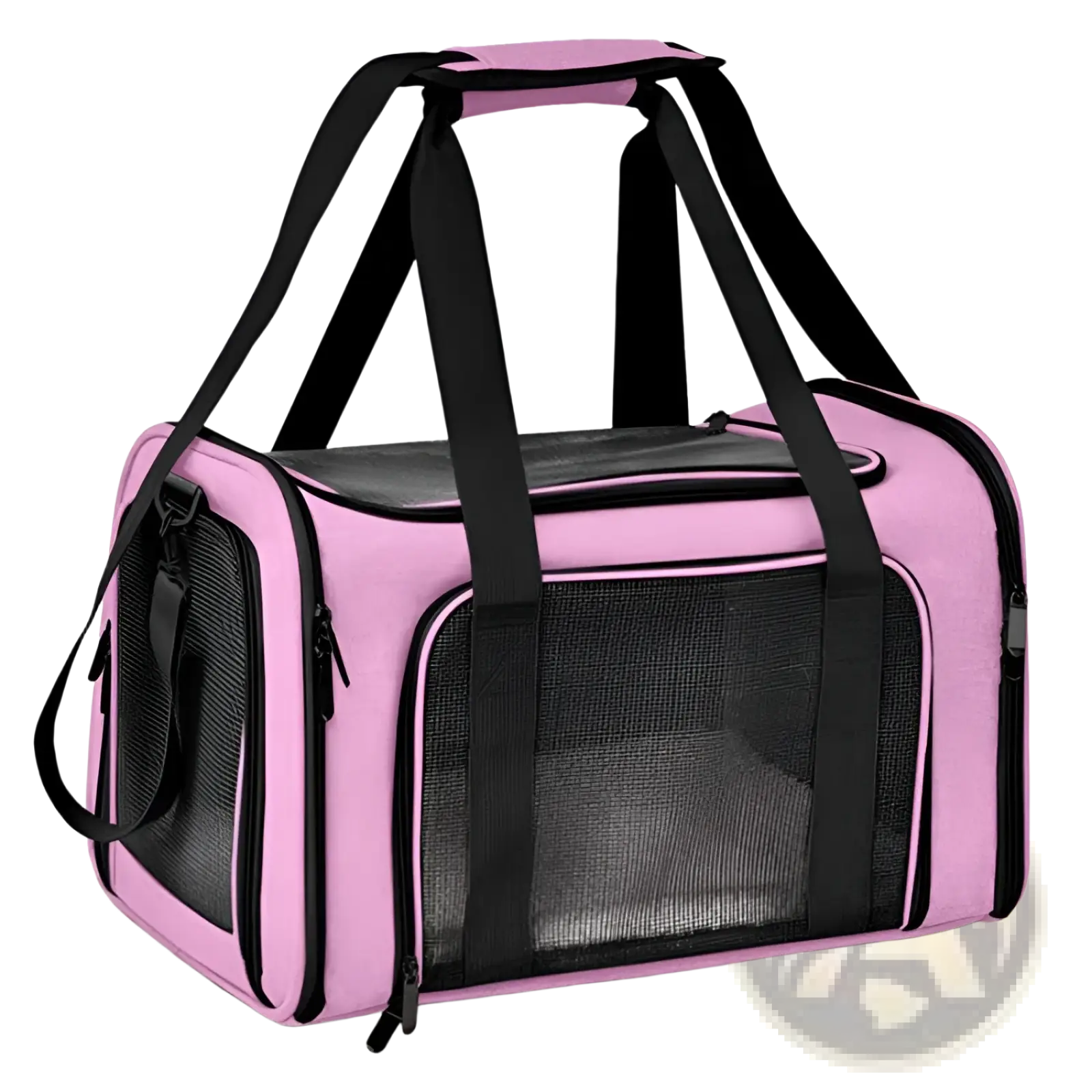Portable mesh pet carrier bag in pink with black mesh panels handles and fleece lining for comfortable transport