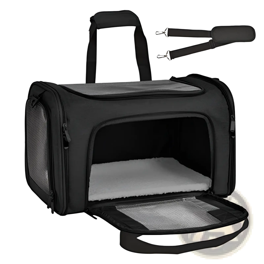 Black portable mesh pet carrier bag with fleece lining, mesh sides, soft gray interior, and adjustable shoulder strap