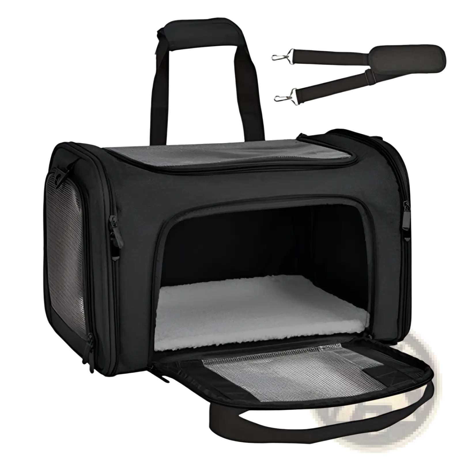 Black portable mesh pet carrier bag with fleece lining, mesh sides, soft gray interior, and adjustable shoulder strap
