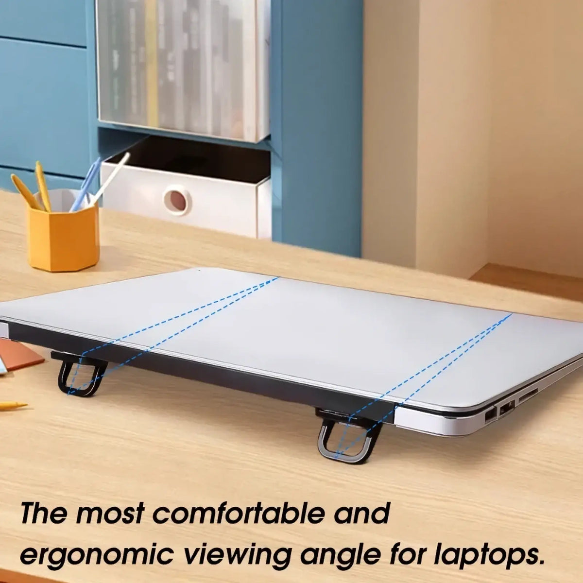 Portable mini aluminum laptop stand in silver with black adjustable feet designed for ergonomic viewing