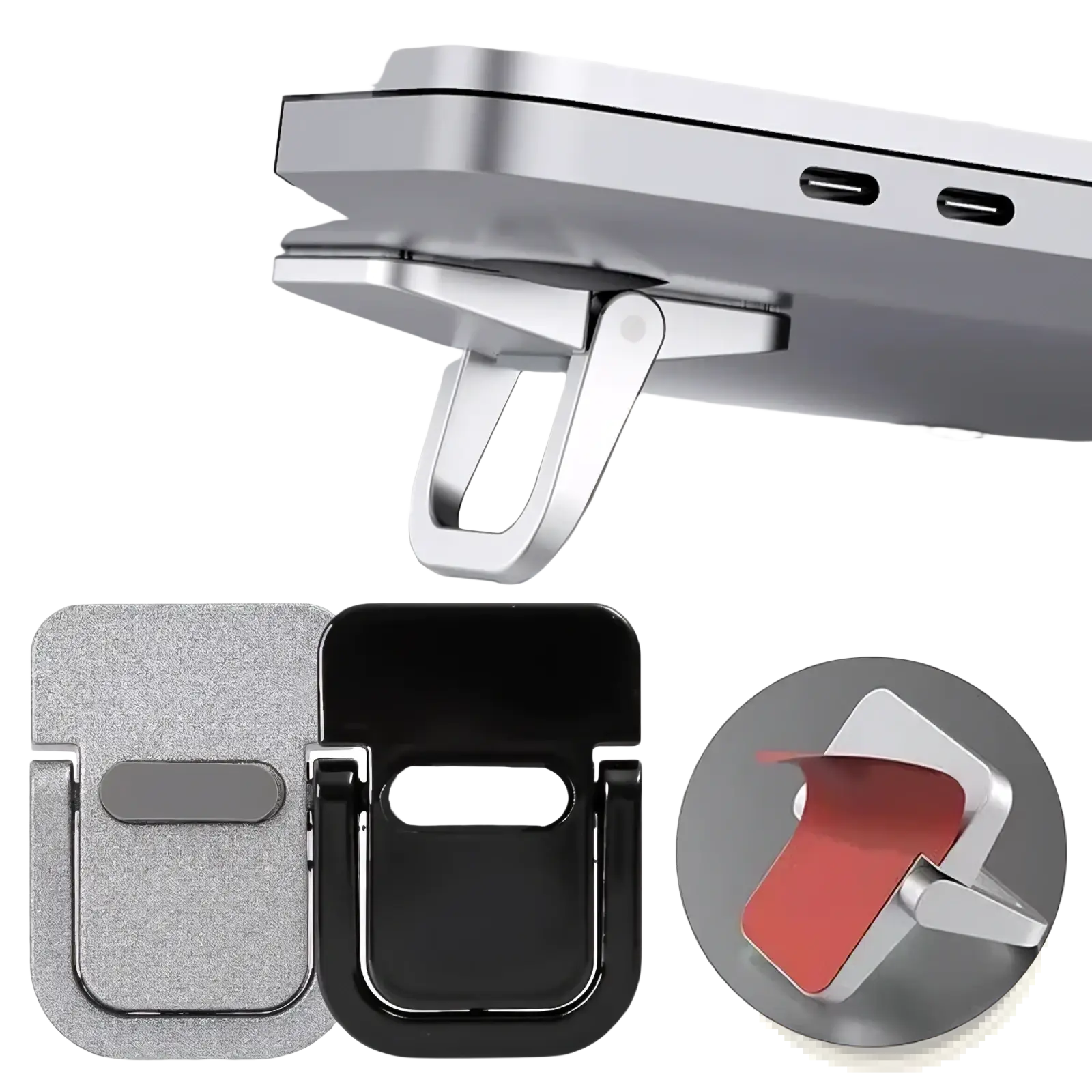 Portable mini aluminum laptop stand set featuring a silver and black magnetic stand with sleek minimalist design