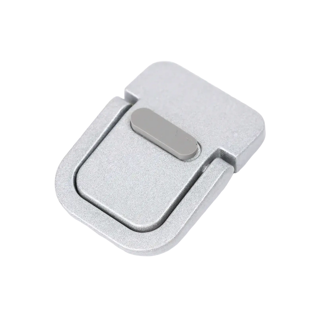 Portable mini aluminum laptop stand set showing silver metallic hinge latch with matte finish and gray release button