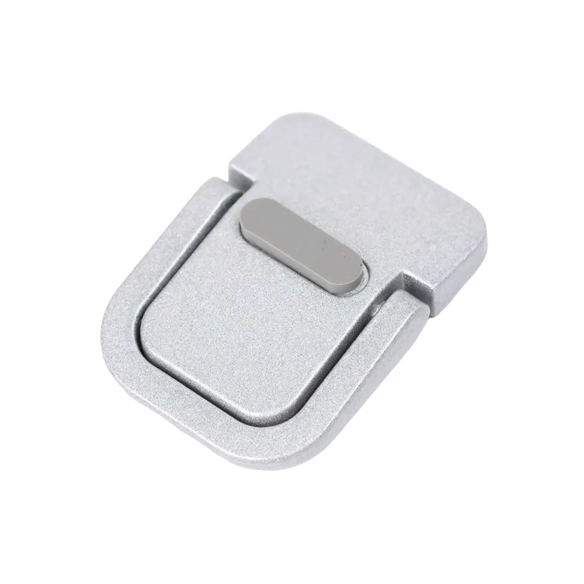 Portable mini aluminum laptop stand set showing silver metallic hinge latch with matte finish and gray release button