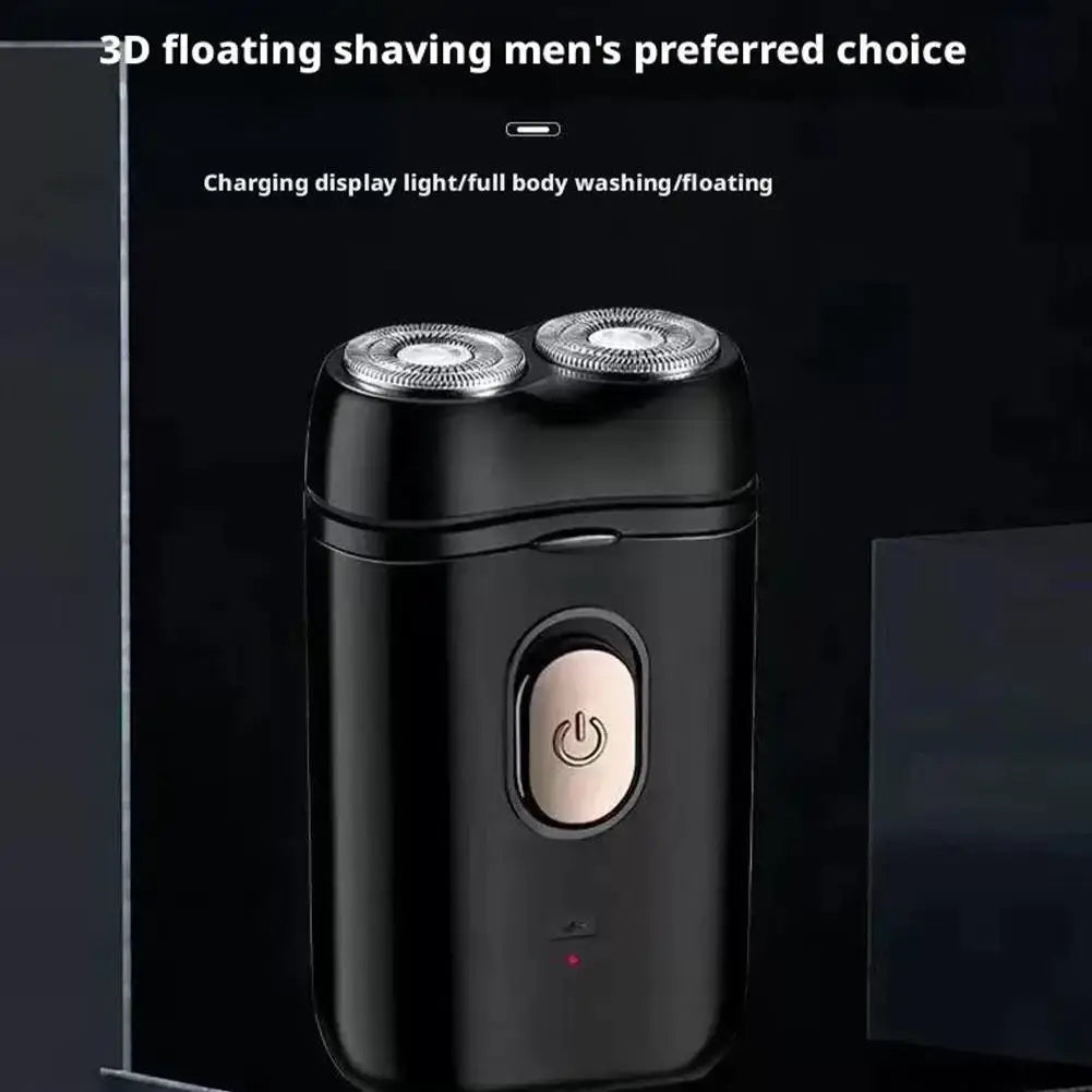 Portable mini electric shaver for men usb rechargeable black with two silver circular heads and rose gold power button