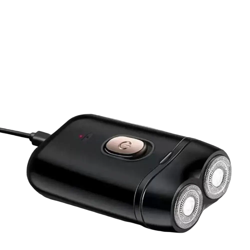 Black usb rechargeable mini electric shaver for men with dual rotary blades and rose gold power button