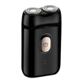 Black dual-blade portable mini electric shaver for men with silver metallic heads and rose gold usb rechargeable button