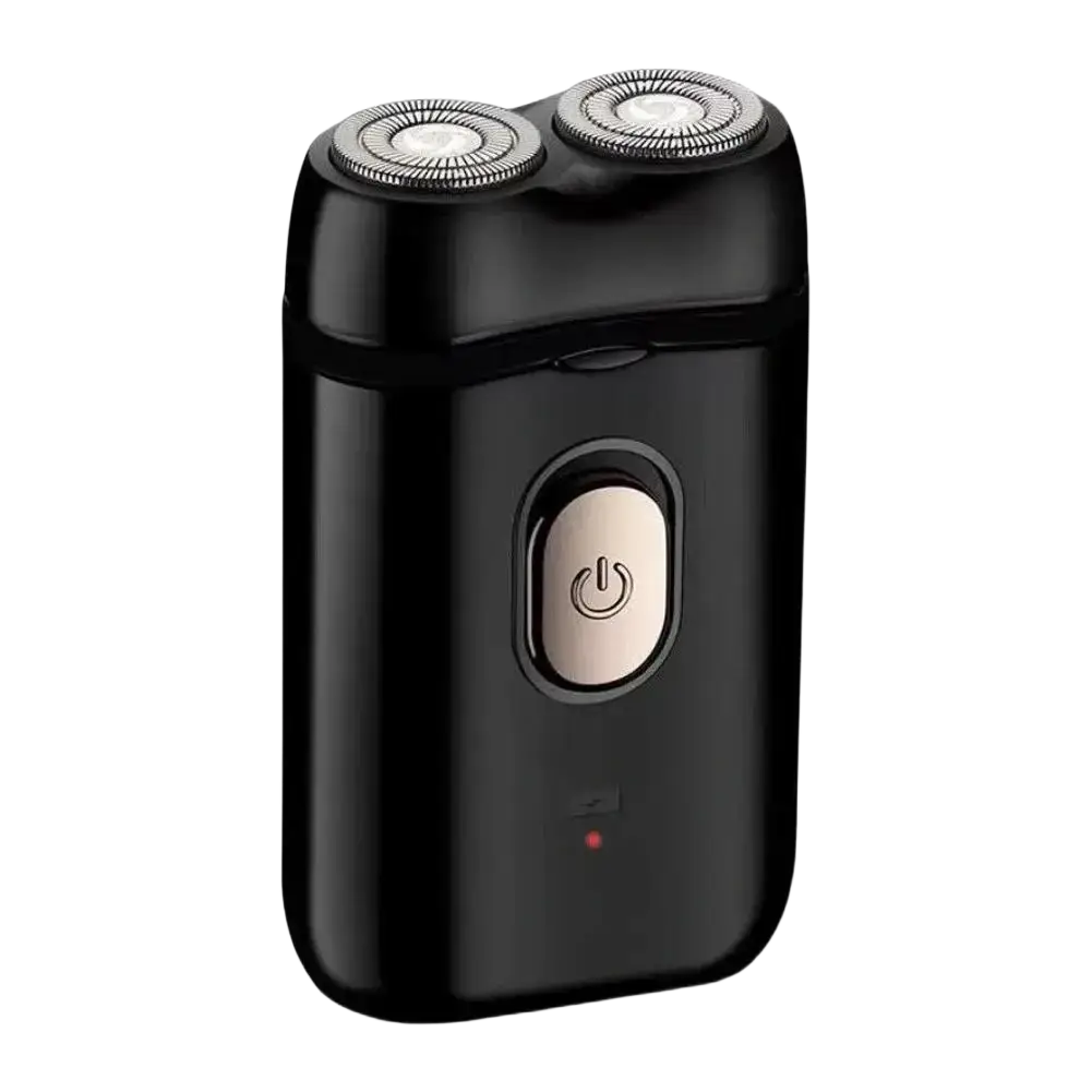 Black dual-blade portable mini electric shaver for men with silver metallic heads and rose gold usb rechargeable button