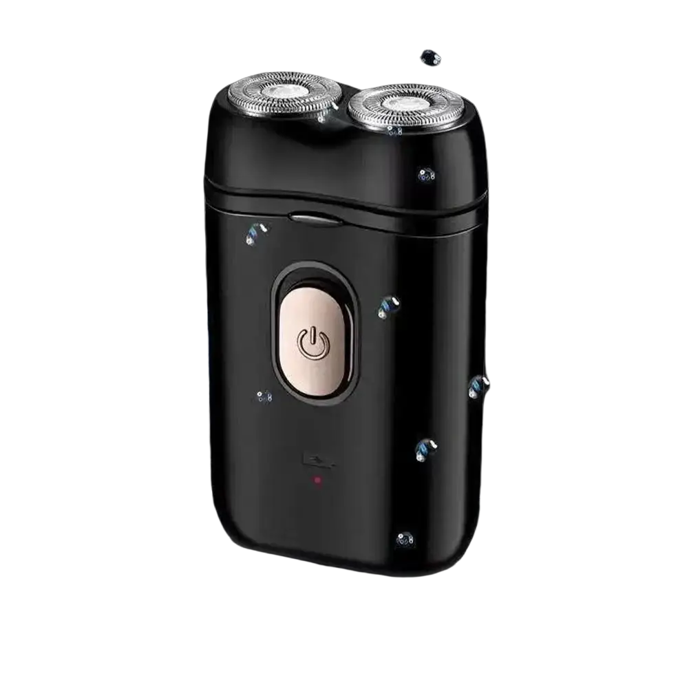 Black dual-headed portable mini electric shaver for men with silver metallic blades and rose gold power button usb rechargeable