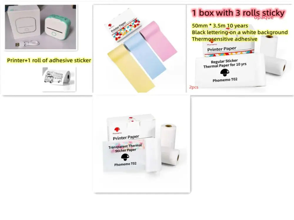 White rectangular box of printer paper containing rolls of transparent phomemo t02 thermal sticker paper for portable bluetooth mini thermal label and photo printer