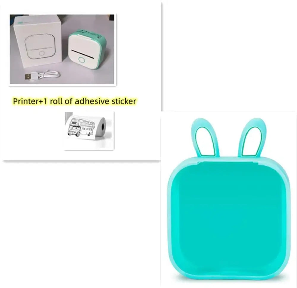 Mint green silicone case with bunny ear handles for portable bluetooth mini thermal label and photo printer