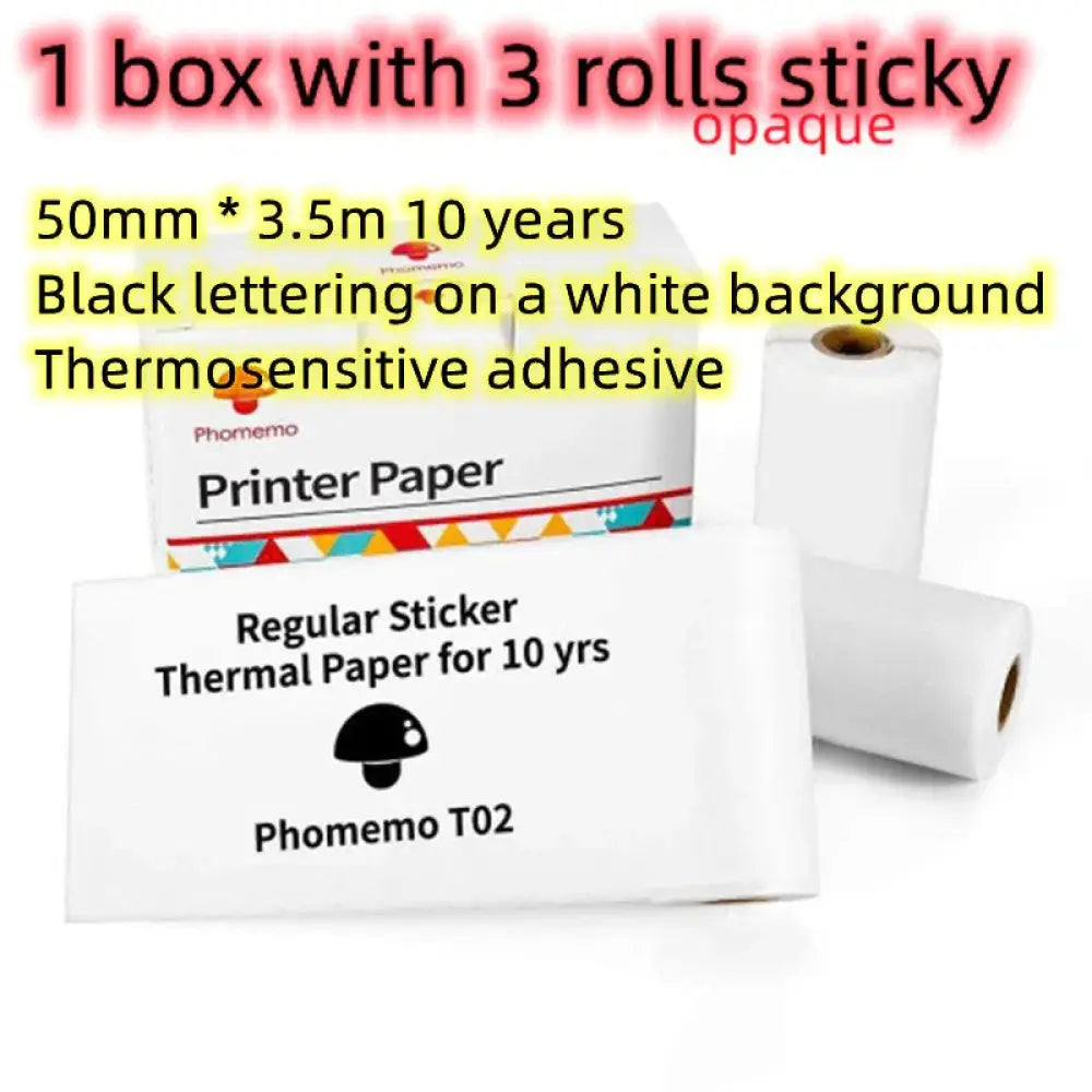 White thermal paper rolls with black lettering for portable bluetooth mini thermal label and photo printer with 10-year archival use and thermosensitive adhesive