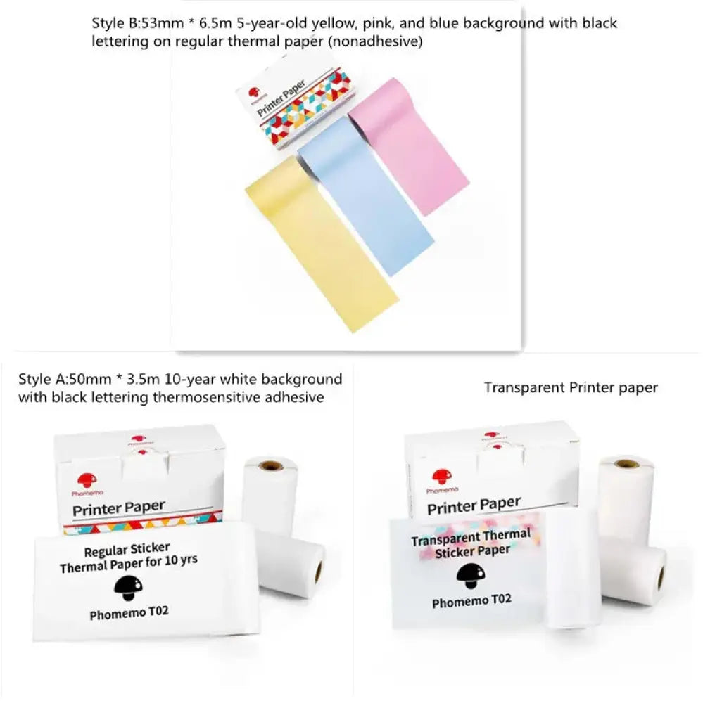 Portable bluetooth mini thermal label and photo printer with yellow pink and blue regular thermal paper rolls on nonadhesive surface