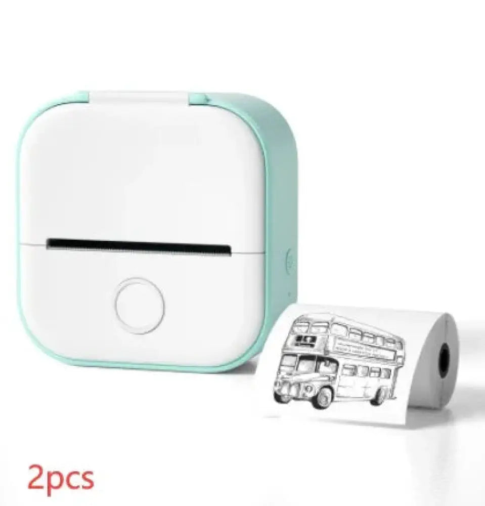 Portable bluetooth mini thermal label and photo printer in mint green and white printing black and white line art