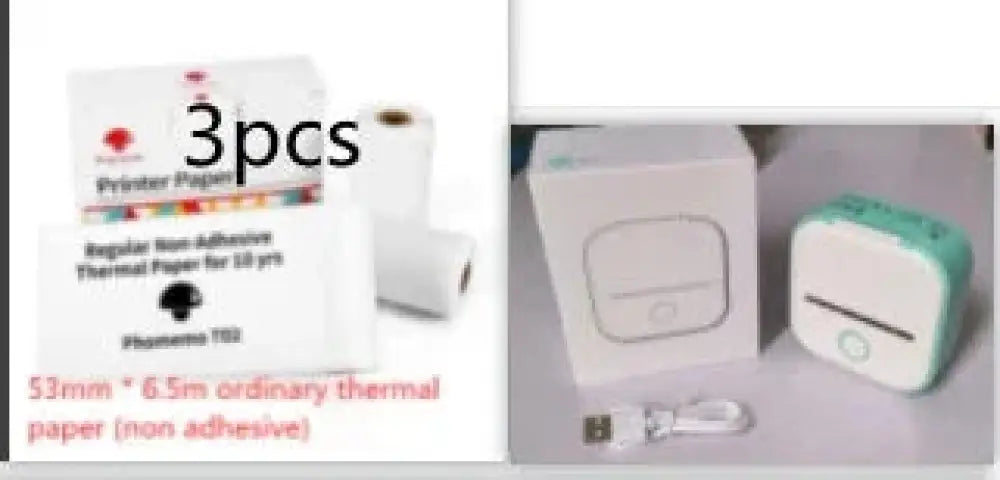 White and teal portable bluetooth mini thermal label and photo printer with compact square design and rounded edges