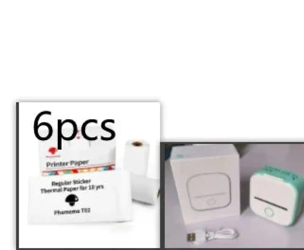 White and teal compact portable Bluetooth mini thermal label and photo printer with USB cable beside its box