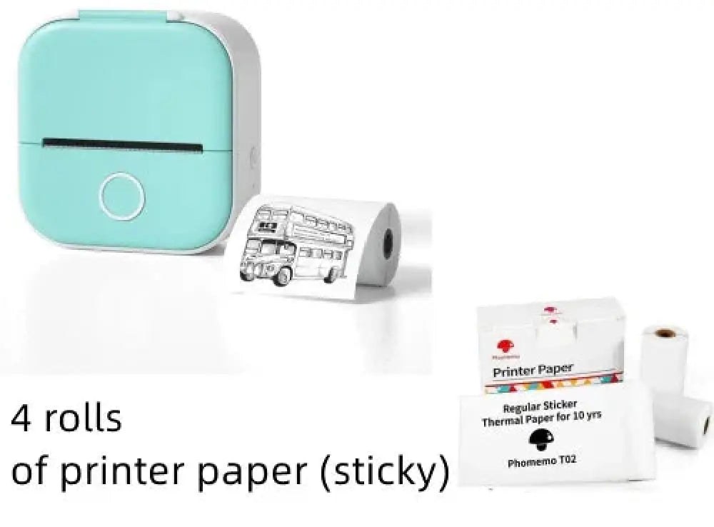 Mint green portable bluetooth mini thermal label and photo printer printing a double-decker bus line drawing