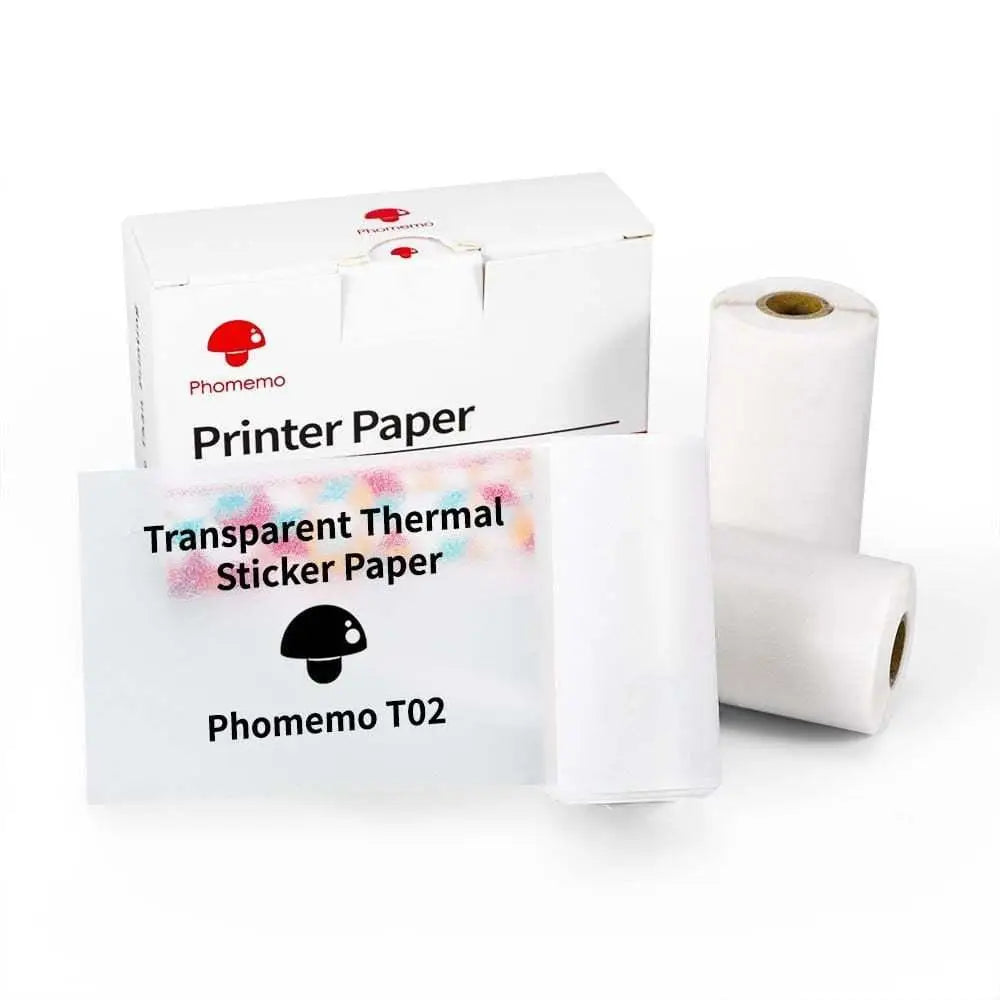 Transparent thermal sticker paper rolls from phomemo t02 in white mushroom branded box for portable Bluetooth label printer