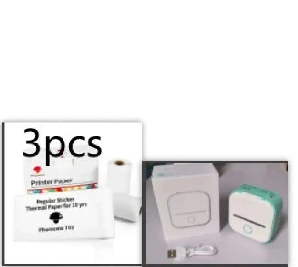 White and mint green portable bluetooth mini thermal label and photo printer with usb cable and keychain attachment