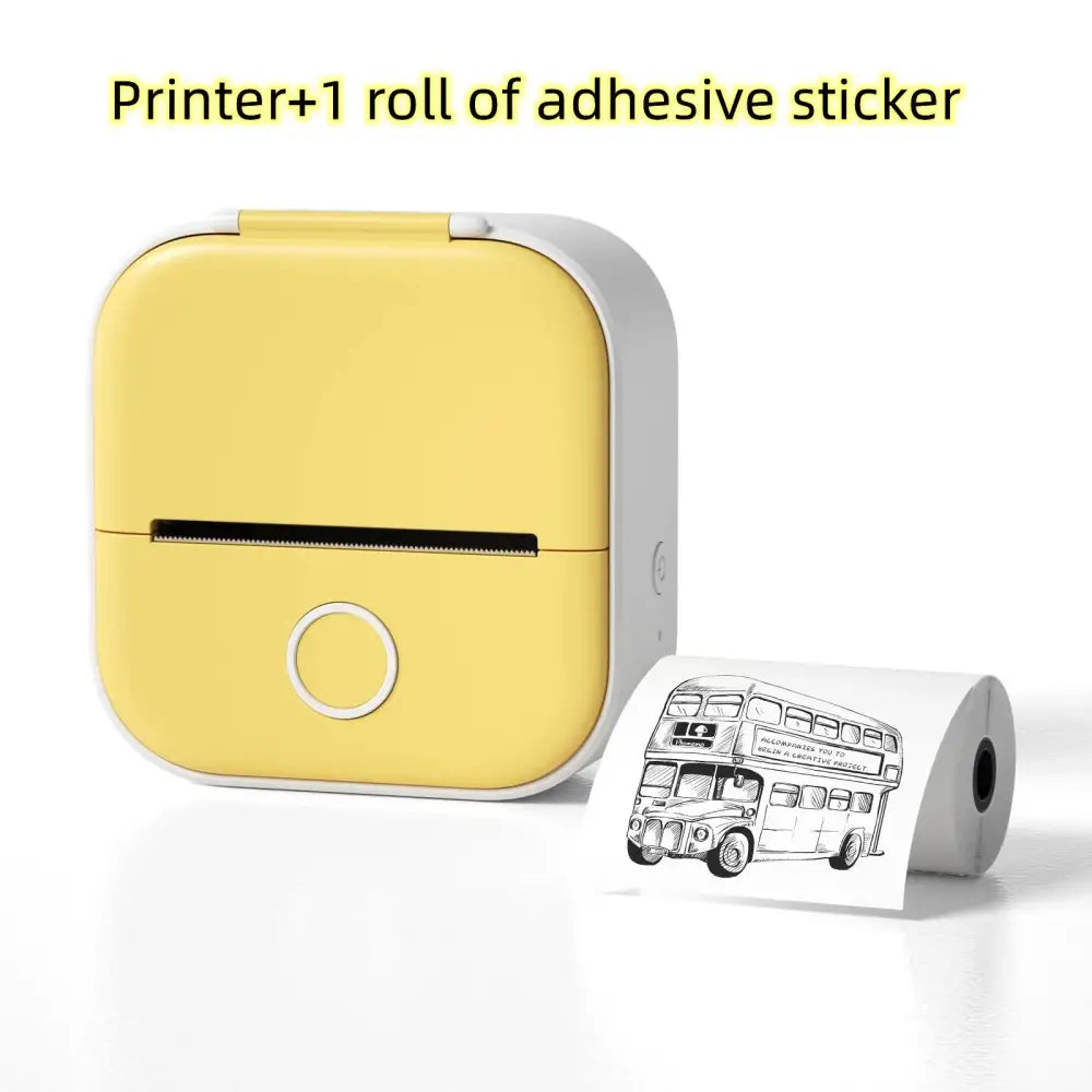 Compact yellow and white portable bluetooth mini thermal label and photo printer with a circular button for adhesive stickers