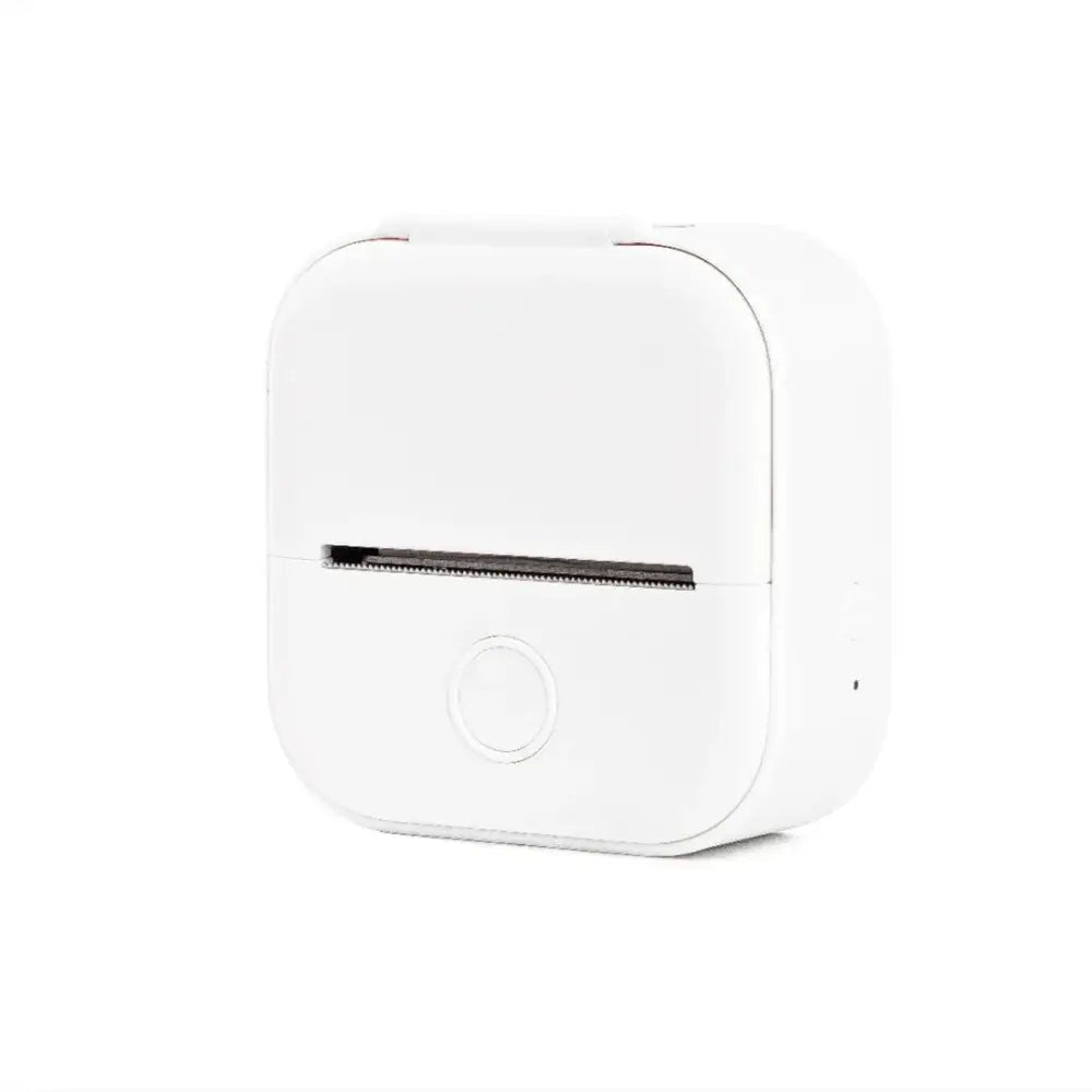 White compact square-shaped portable bluetooth mini thermal label and photo printer with smooth plastic finish and front button