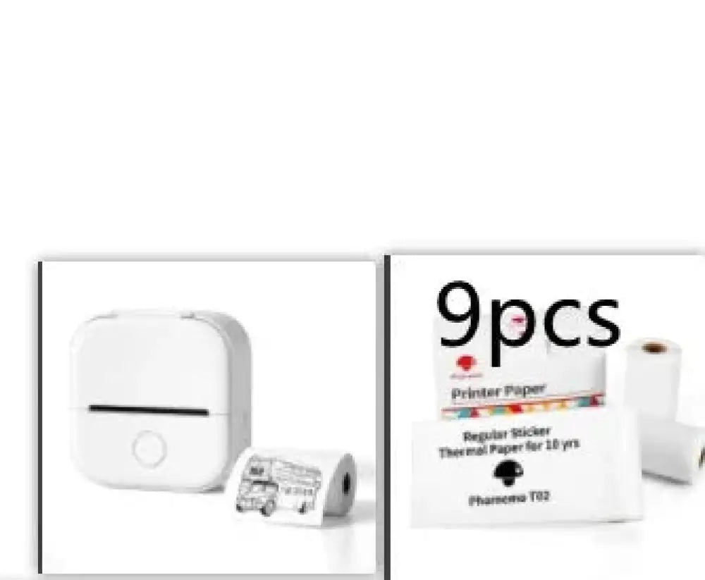 White compact thermal Bluetooth mini printer with circular button and rolls of thermal and sticker paper displayed