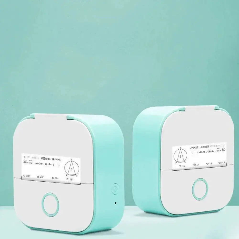 Two mint green and white portable bluetooth mini thermal label and photo printers printing math problems