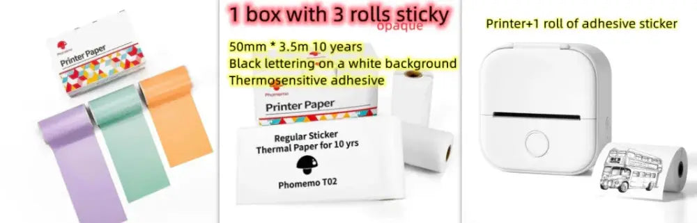White compact portable bluetooth mini thermal label and photo printer with adhesive sticker roll beside it