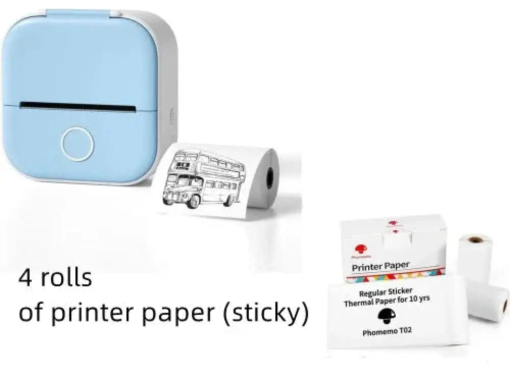 Light blue compact portable bluetooth mini thermal label and photo printer with circular button and black paper roll