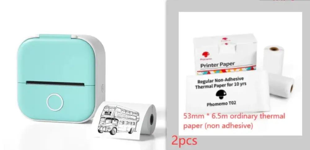 Mint green portable bluetooth mini thermal label and photo printer with white button and black print slot for thermal paper rolls