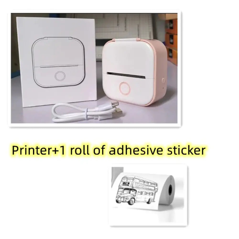 Portable Bluetooth mini thermal label and photo printer in compact pink and white design with a circular front button