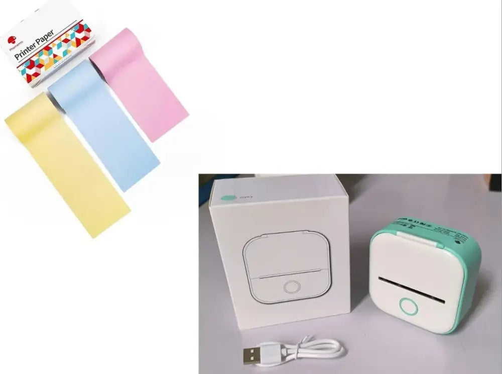 Portable bluetooth mini thermal label and photo printer in mint green and white with circular button on the front