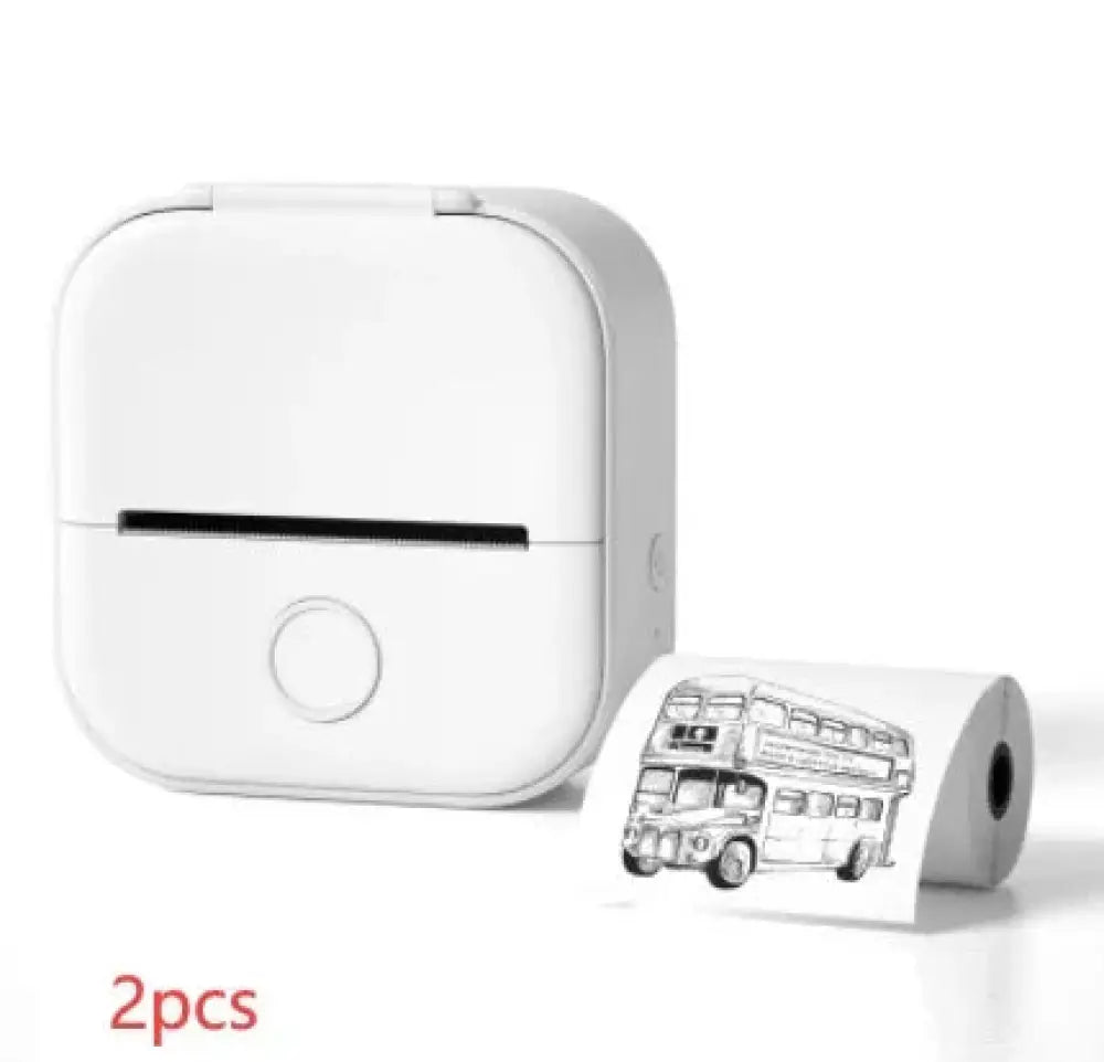 White compact portable bluetooth mini thermal label and photo printer with circular button and black and white bus paper roll