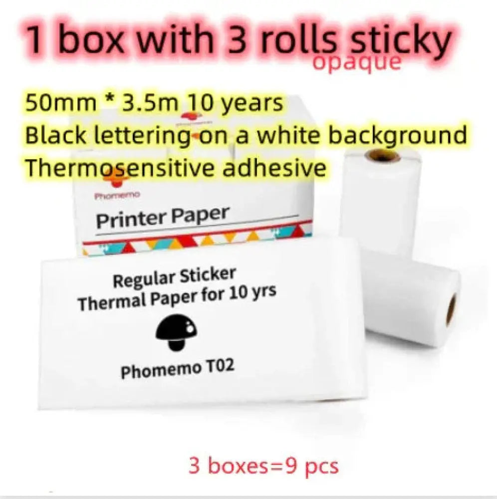 White thermal paper rolls with black lettering for portable bluetooth mini thermal label and photo printer featuring 10-year archival use and thermosensitive adhesive