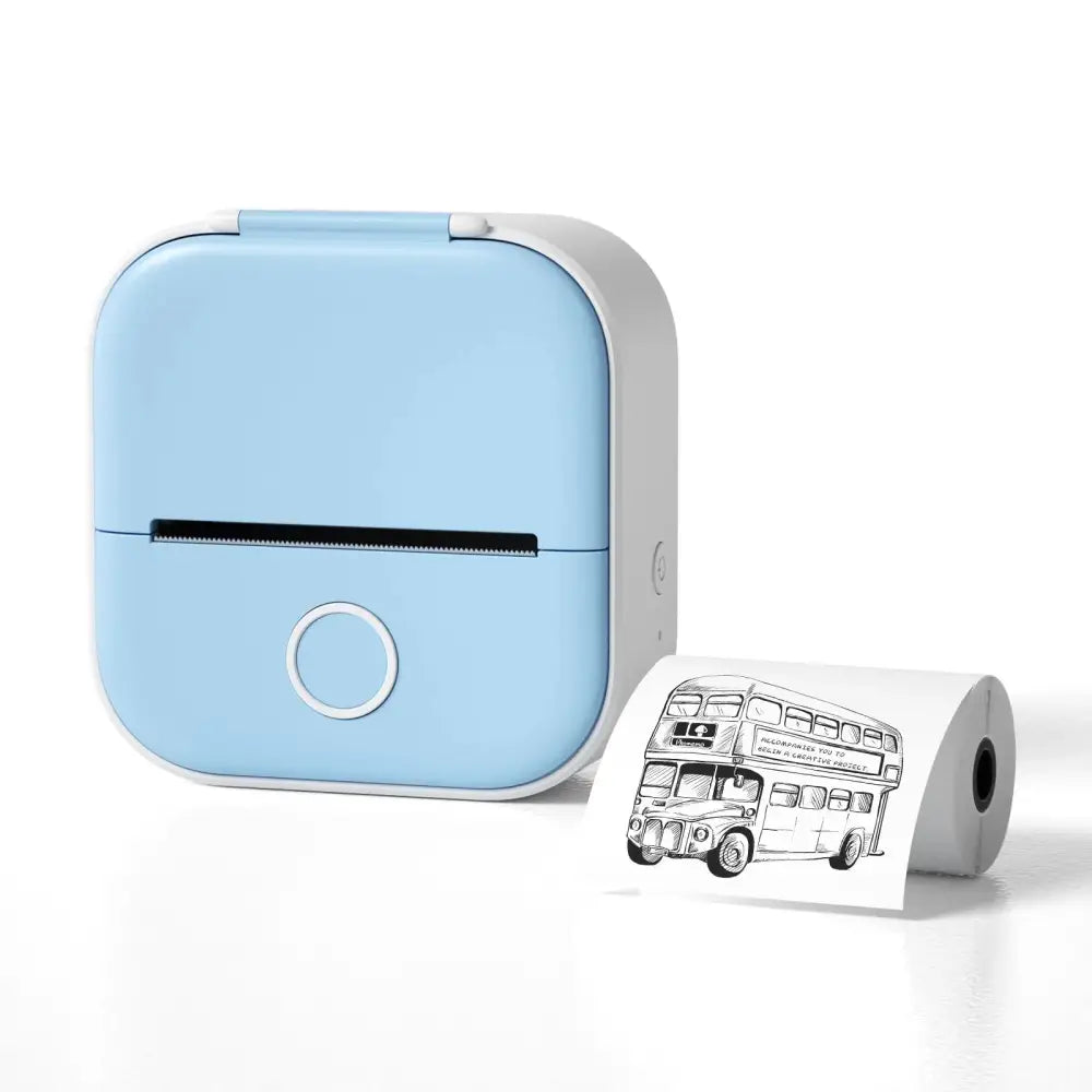 Light blue and white portable bluetooth mini thermal printer printing vintage double-decker bus illustration