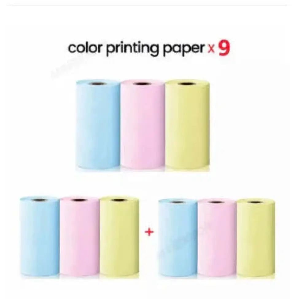 Nine rolls of pastel-colored thermal label and photo printing paper in light blue pink and yellow for portable bluetooth mini printer