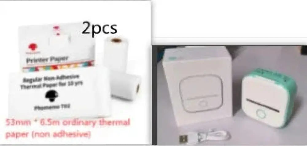 White and mint green compact portable bluetooth mini thermal label and photo printer with circular button on front