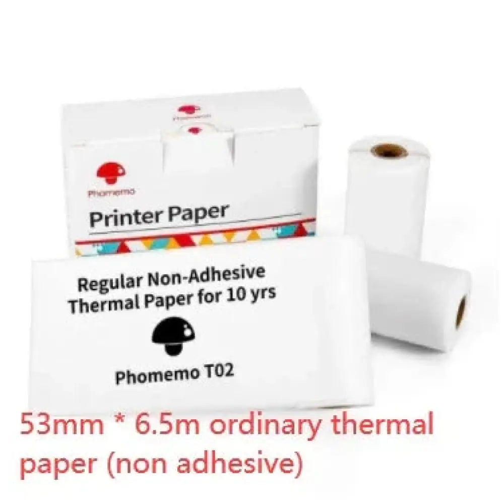 White phomemo t02 thermal paper rolls non-adhesive for 10-year archival use compatible with portable bluetooth printer