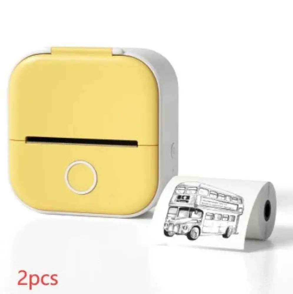Yellow and white compact portable bluetooth mini thermal label and photo printer with circular front button