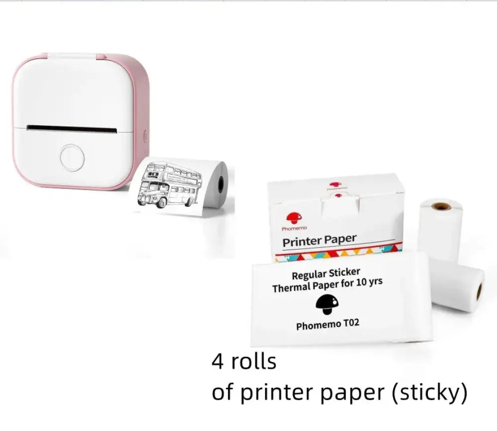 Pink and white phomemo t02 portable bluetooth mini thermal label and photo printer with thermal paper roll emerging