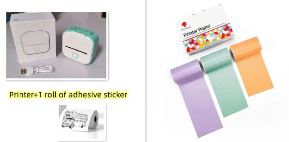 Mint green and white compact portable Bluetooth mini thermal label and photo printer with a circular front button