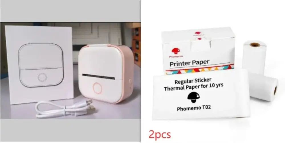 Pink rectangular phomemo t02 portable bluetooth mini thermal label and photo printer with white cable and matching packaging