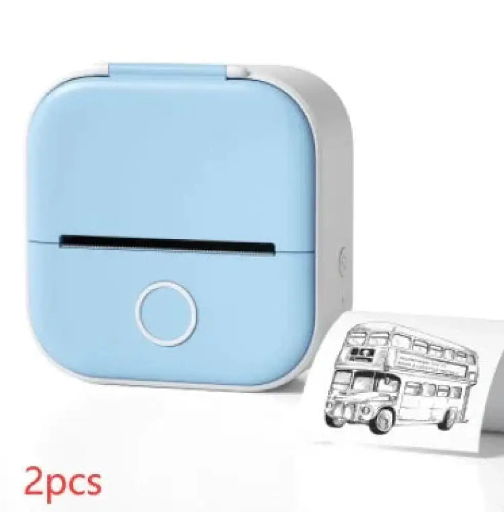 Light blue and white portable Bluetooth mini thermal label and photo printer with a circular front button
