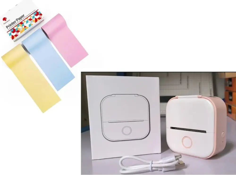 Portable bluetooth mini thermal label and photo printer in pink and white with a circular front button