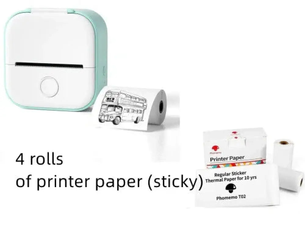 Portable bluetooth mini thermal label and photo printer with compact white body and light mint green accents