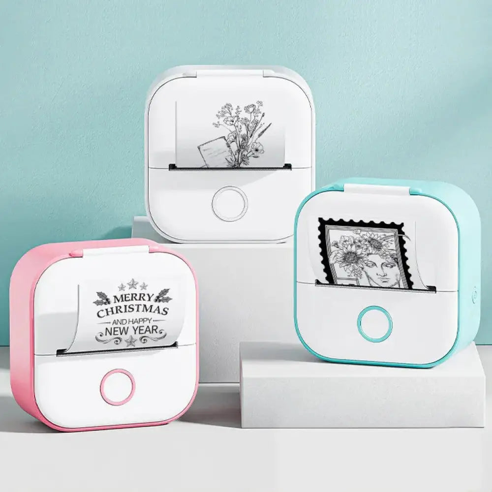Pastel-colored portable bluetooth mini thermal label and photo printers with rounded designs and white front panels displaying prints