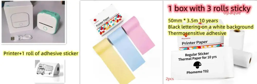 Portable bluetooth mini thermal label and photo printer with rolls of pastel pink, light blue, and pale yellow adhesive sticker paper