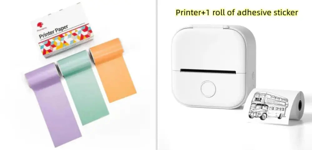 White compact portable bluetooth mini thermal label and photo printer with circular button and adhesive sticker slot